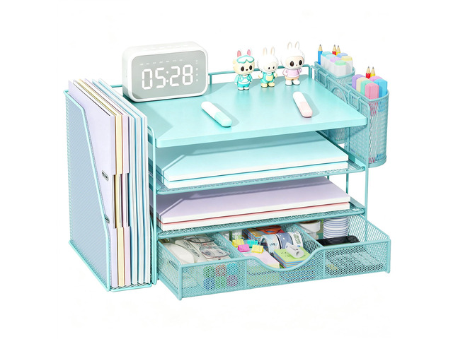 Wood Desk Organizers and Accessories with File Holder, 4-Tier Desk Accessories & Workspace Organizers with Drawer and 2 Pen Holder, Desk Reference...