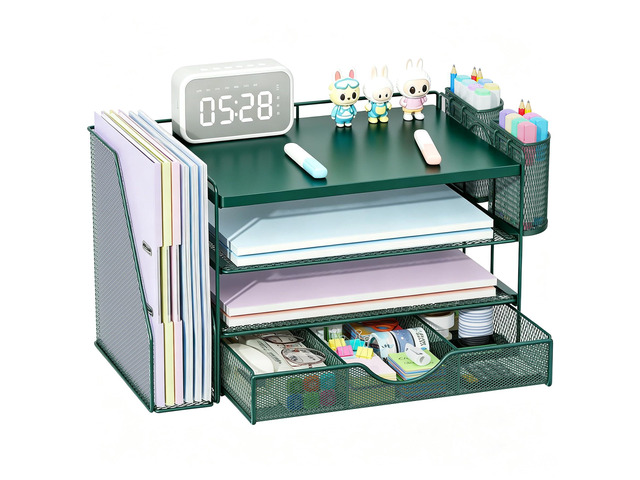 Wood Desk Organizers and Accessories with File Holder, 4-Tier Desk Accessories & Workspace Organizers with Drawer and 2 Pen Holder, Desk Reference...