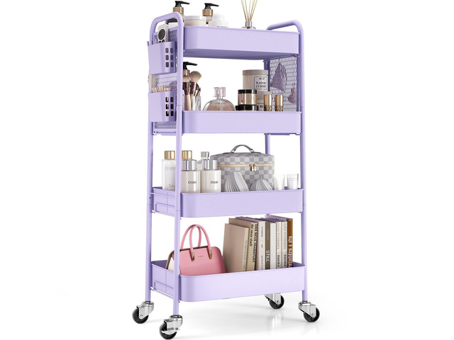 4 Tier Rolling Cart, Metal Utility Storage Cart with Pegboard, Purple 2 Bins & 4 Hooks, Screwless Assembly, Lockable Wheels, Trolley Organizer...