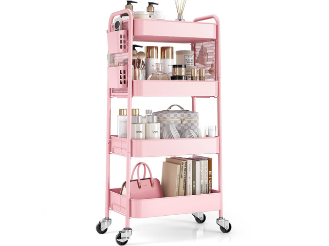 4 Tier Rolling Cart, Metal Utility Storage Cart with Pegboard, Pink 2 Bins & 4 Hooks, Screwless Assembly, Lockable Wheels, Trolley Organizer for...