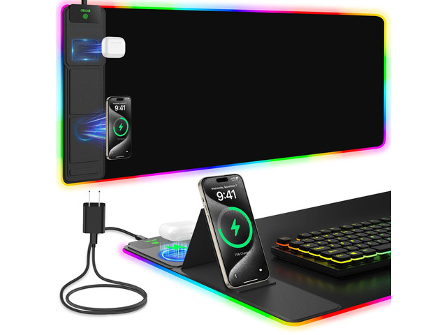 Mouse Pad with Foldable Phone Holder & Wireless Charger, XXL RGB Gaming Mousepad 31.5'x15.8' Large Desk Mat for Keyboard, Black Desk Pad with Dual...