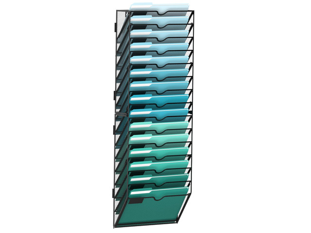 15-Tier Wall File Organizer, Hanging File Holder, Wall Mounted Mail Sorter Metal Mesh Hanging File Organizer with Open Compartments and Label...
