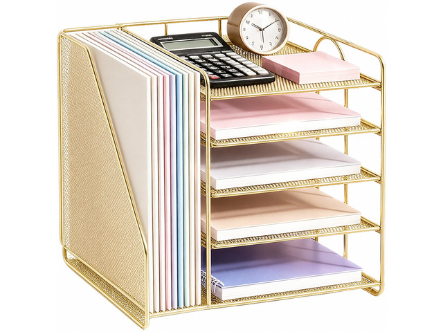 Desk Organizer, 5-Tier Paper Organizer Letter Tray, Gold Desk Organizers and Accessories, Office Desk Accessories & Workspace Organizers, Desktop...