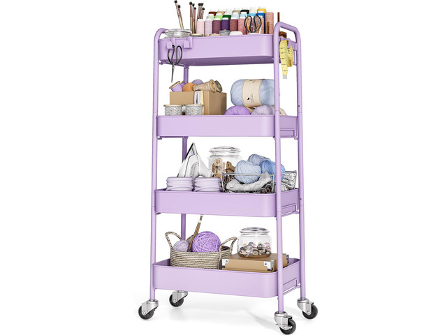 4 Tier Metal Rolling Cart, Utility Storage Cart with Wheels, Purple Screwless Assembly, Lockable Metal Wheels, Trolley Organizer for Bathroom,...