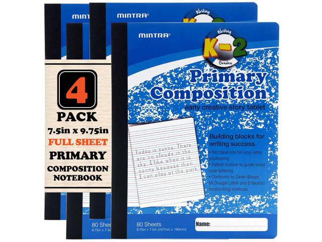 Primary Composition Notebook, 4 Pack, Blue Cover, 80 Sheets, 7.5in x 9.75in, Full Sheet, Ruled with Drawing Area, Flexible Hardcover Journal,...