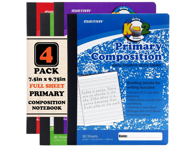 Primary Composition Notebook, 4 Pack, Assorted Colors 80 Sheets, 7.5in x 9.75in, Full Sheet, Ruled with Drawing Area, Flexible Hardcover Journal,...