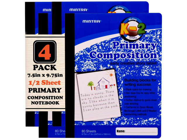 Primary Composition Notebook, 4 Pack, Blue Cover, 80 Sheets, 7.5in x 9.75in, 1/2 Sheet, Ruled with Drawing Area, Flexible Hardcover Journal, Grades...