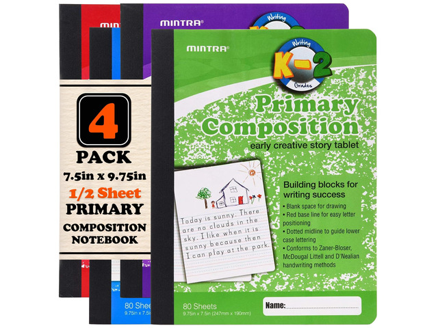 Primary Composition Notebook, 4 Pack, Assorted Colors 80 Sheets, 7.5in x 9.75in, 1/2 Sheet, Ruled with Drawing Area, Flexible Hardcover Journal,...