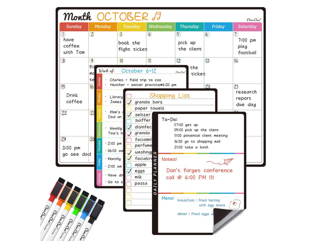 Magnetic Dry Erase Monthly Calendar Set - 14.5'x11' Monthly Calendar, 6.5'x8.5' Weekly, Daily, List Boards for Fridge - 6 Extra Fine Point Markers...