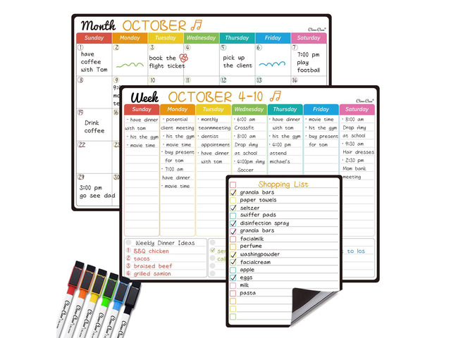 Magnetic Dry Erase Monthly Calendar Set - 14.5'x11' Monthly and Weekly Calendar, 6.5'x8.5' List Board for Fridge - 6 Extra Fine Point Markers...