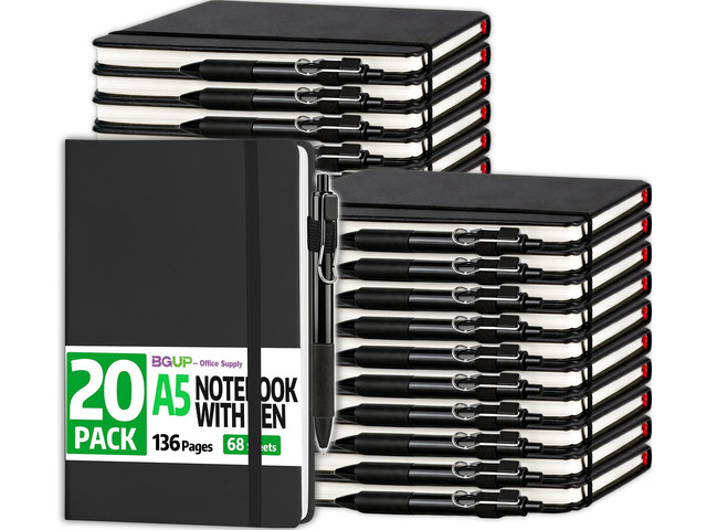 20 Pack Lined Journal Notebook with Pen, A5 Hardcover Leather Journal 5.5'*8.3', Black 136 Pages College Ruled Notebooks and Pen Set for Office...