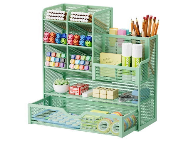 Mesh Pen Holder for Desk, Multi-Functional Pencil Organizer with Drawer, Desk Organizers and Accessories for Office Art Supplies (Green)