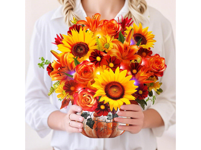 Thanksgiving Card with MUSIC LIGHT,Fall Sunflower Bouquet For Women 10 Inch Life Size, Play Music, Lights Dance, 3D Pop up Paper Forever Flower,...