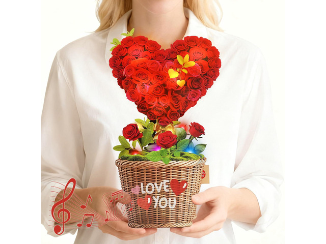 Birthday Card with MUSIC & LIGHTS,3D Pop Up Heart Bouquet For Women 10 Inch Life Size, Play Romantic Music, Lights Dance, Paper Forever Flower,...