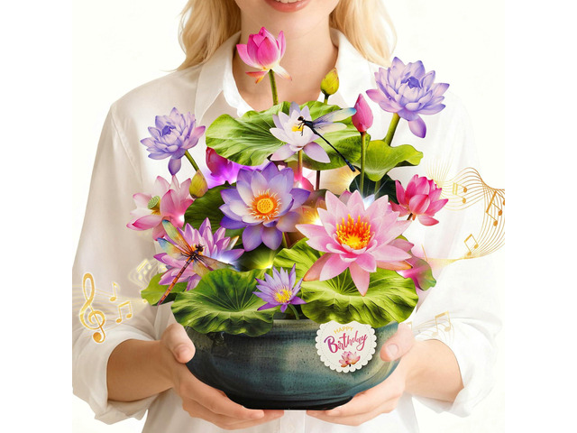 Birthday Cards with MUSIC LIGHTS,Pop Up Waterlily Bouquet For Women 10 Inch Life Size, Play Birthday Song, Lights Dance, 3D Paper Forever Flower,...
