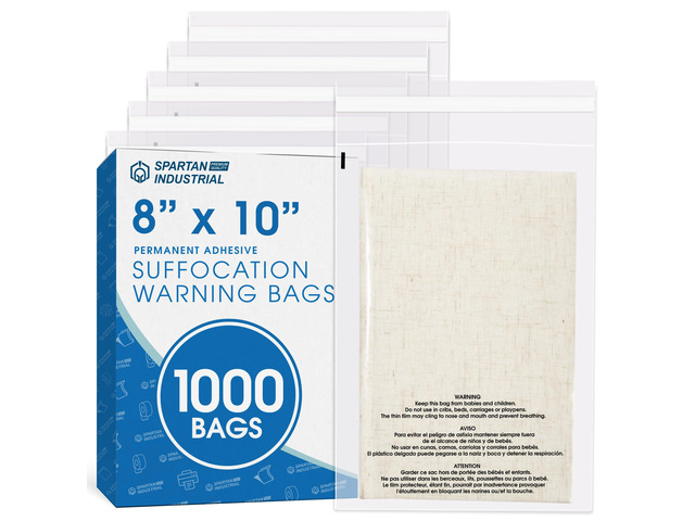 8' X 10' (1000 Count) Self Seal Clear Poly Bags with Suffocation Warning for Packaging, Shipping - Permanent Adhesive