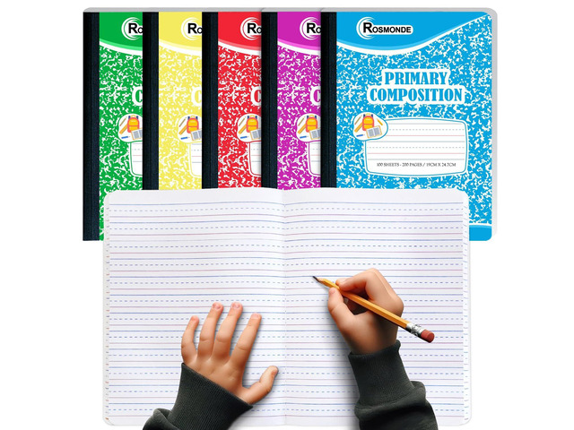5 Pack Composition Notebooks Primary Ruled, Color Marble Notebooks Writing Dotted Lined, Grades K-2 Writing Workbook, 200 Pages (100 Sheets),...