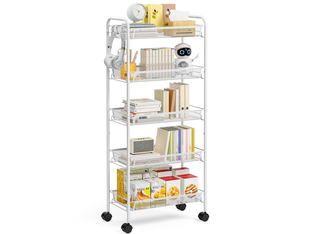 5 Tier Rolling Cart, Metal Utility Storage Cart with Wheels, White 3 Hooks, Screwless Assembly, Trolley Organizer for Bathroom, Kitchen, Office,...