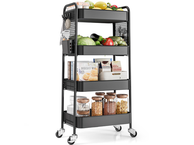 4 Tier Rolling Cart, Metal Utility Storage Cart with Pegboard, Black 2 Bins & 4 Hooks, Screwless Assembly, Lockable Wheels, Trolley Organizer for...