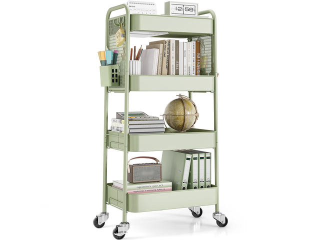 4 Tier Rolling Cart, Metal Utility Storage Cart with Pegboard, Green 2 Bins & 4 Hooks, Screwless Assembly, Lockable Wheels, Trolley Organizer for...