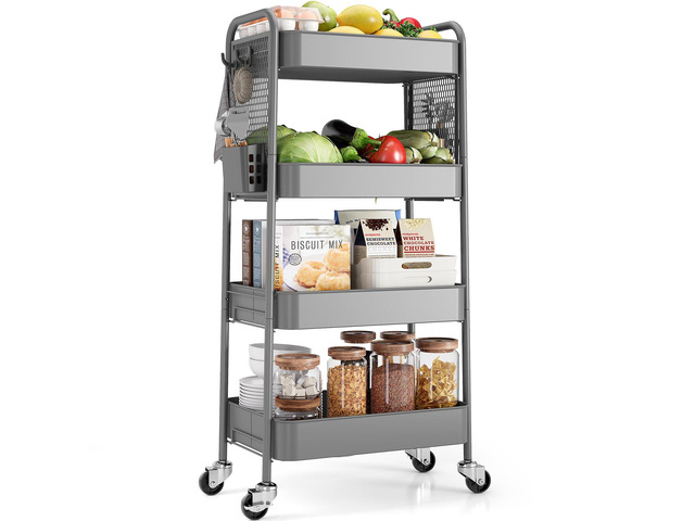 4 Tier Rolling Cart, Metal Utility Storage Cart with Pegboard, Grey 2 Bins & 4 Hooks, Screwless Assembly, Lockable Wheels, Trolley Organizer for...