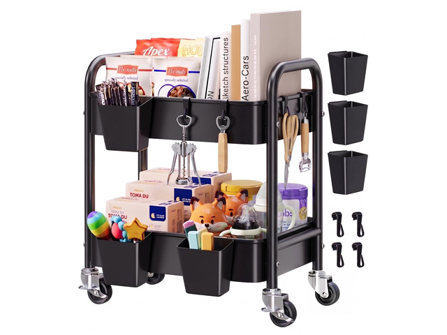 2 Tier Small Rolling Cart Metal with Wheels, Black Under Desk Storage Carts Short Utility Trolley Organizer on Wheels for Pantry, Kitchen, Office,...