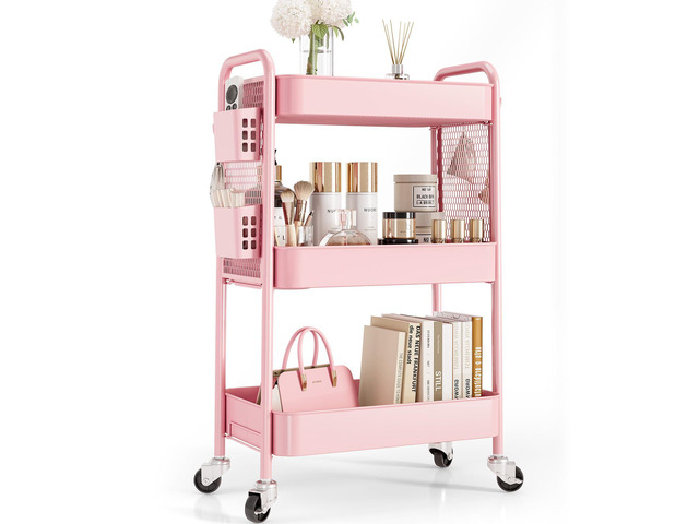 3 Tier Rolling Cart Storage Organizer, Metal Rolling Utility Cart with Wheels, Hooks & Bins Esthetician Craft Art Sturdy Storage with Pegboard for...