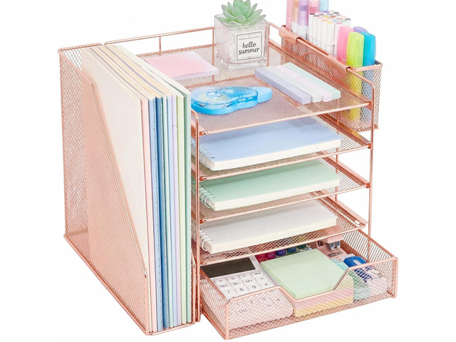 5-Tier Desk File Organizer with Drawer & Pen Holder (Rose Gold) Desk Organizers and Accessories, Office Desk Accessories & Workspace Desktop...