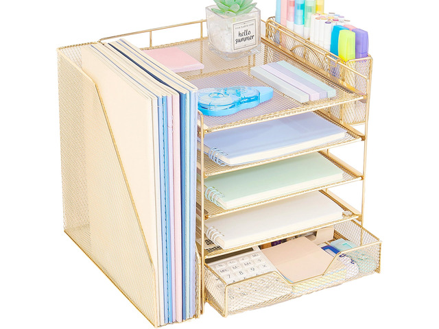 5-Tier Desk File Organizer with Drawer & Pen Holder (Gold) Desk Organizers and Accessories, Office Desk Accessories & Workspace Desktop Organizers...