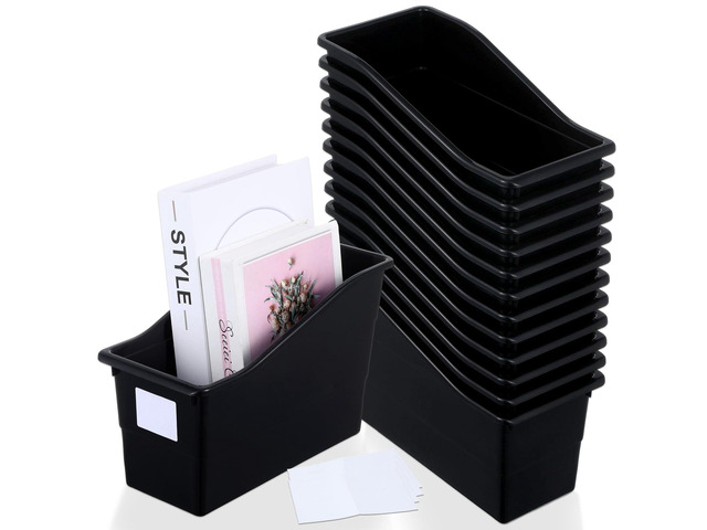 12 Pack Large Book Bins with Labels (Black) Durable Plastic,Stackable Magazine Organizer,Storage Bins for Classroom,Library,Office,Bookshelf...