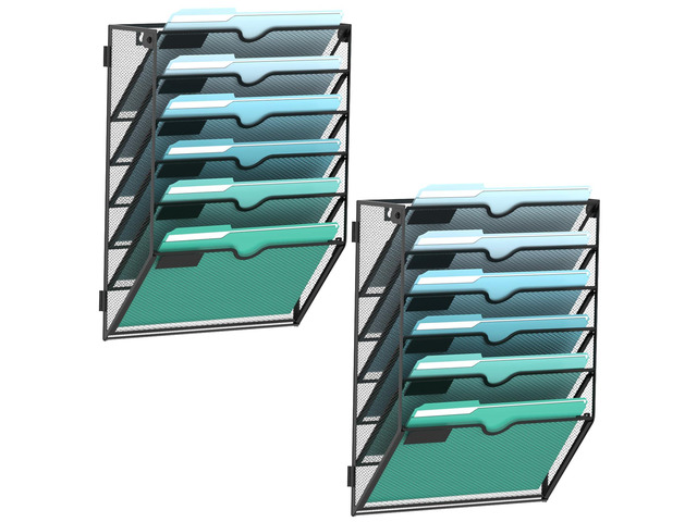 6-Tier Wall File Organizer, Wall Mounted Mail Sorter, 2 Pack Metal Mesh Hanging File Organizer with Open Compartments and Label Panels for Papers...