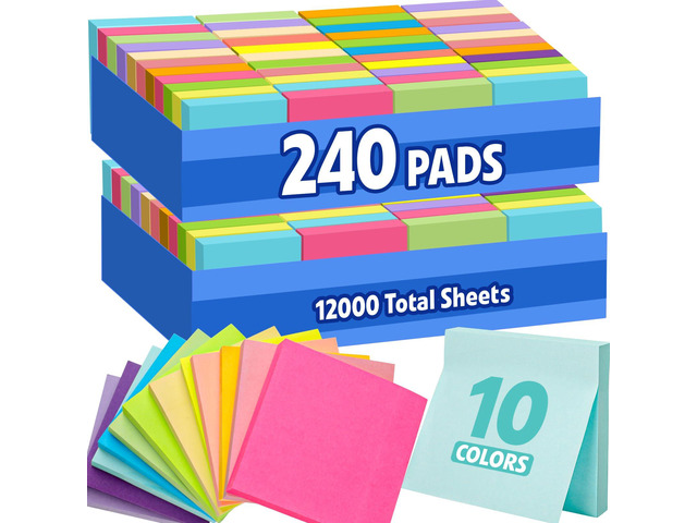240 Pads Sticky Notes 3x3, Self-Stick Pads Bulk Bright Colors, School Supplies, Office Products, 50 Sheet/Pad