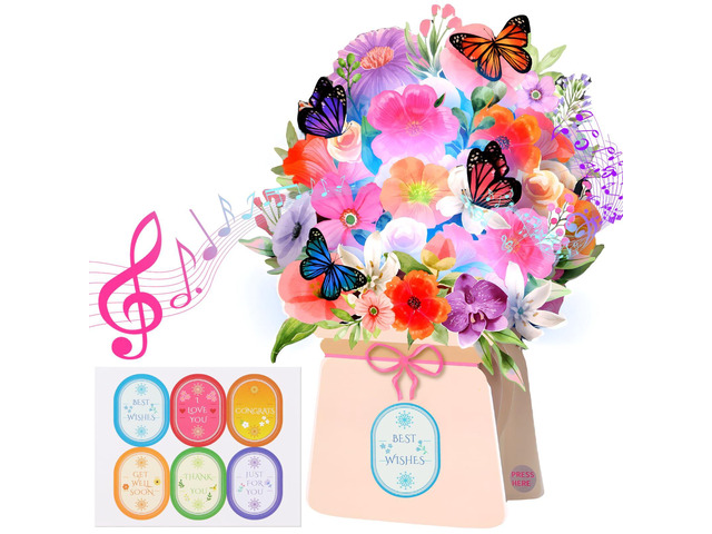Thank You Greeting Card, BEST WISH, GET WELL SOON, LIGHT & MUSIC Pop Up Card DIY Pop Up Cards, I LOVE YOU, 10'' Lily and Butterflies Flower Bouquet...