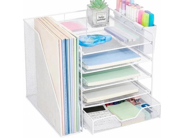 5-Tier Desk File Organizer with Drawer & Pen Holder (White) Desk Organizers and Accessories, Office Desk Accessories & Workspace Desktop Organizers...