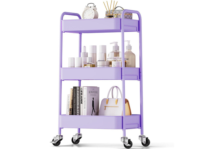 3 Tier Metal Rolling Cart, Utility Storage Cart with Wheels, Purple Screwless Assembly, Lockable Metal Wheels, Trolley Organizer for Bathroom,...