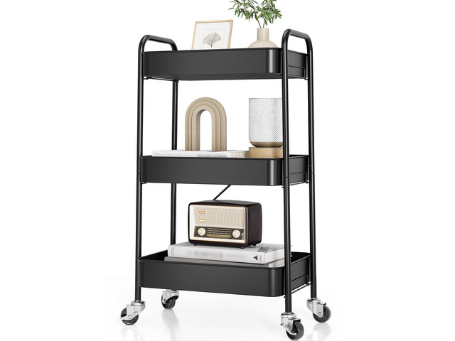 3 Tier Metal Rolling Cart, Utility Storage Cart with Wheels, Black Screwless Assembly, Lockable Metal Wheels, Trolley Organizer for Bathroom,...