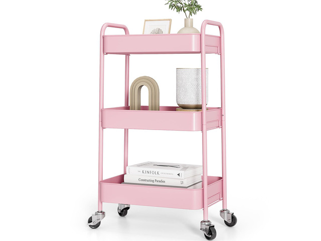 3 Tier Metal Rolling Cart, Utility Storage Cart with Wheels, Pink Screwless Assembly, Lockable Metal Wheels, Trolley Organizer for Bathroom,...