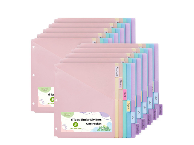 Bundle 10 Packs 6-Tab Letter Size Dividers for 3 Ring Binder, 60 Counts Wheat Straw Binder Dividers with One Pocket, 6 Pastel Colors, Perfect for...