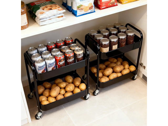 2 Pack Pantry Cart 2 Tier Small Rolling Cart with Wheels for Under Desk Storage, Short Rolling Utility Cart Large Basket Metal Kitchen Shelf with...