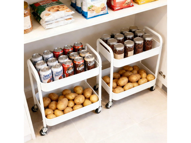 2 Pack Two Tier Rolling Cart with Wheels Small Pantry Floor Organizer Under Desk Storage Metal Short Utility Cart for Small Space, Kitchen Shelf...
