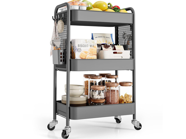 3 Tier Rolling Cart, Metal Utility Storage Cart with Pegboard, Grey 2 Bins & 4 Hooks, Screwless Assembly, Lockable Wheels, Trolley Organizer for...