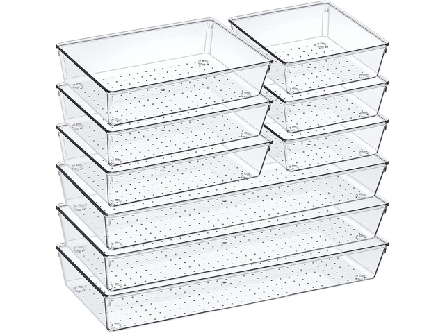 9 Pack Clear Plastic Drawer Organizer Set, Acrylic Non Slip Non Cracking Kitchen Drawer Storage Tray Large Size Divider, Multifunctional Storage...