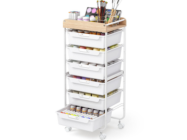 Rolling Cart with 6 Drawers,Art Craft Organizer and Storage,White Utility Storage Cart with Drawers,Makeup Organizer With Wooden Tabletop