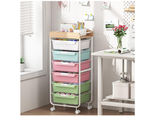Rolling Cart with 6 Drawers,Craft Organizer and Storage,Colorful Utility Storage Cart with Drawers,Art Cart,Makeup Organizer With Wooden Tabletop