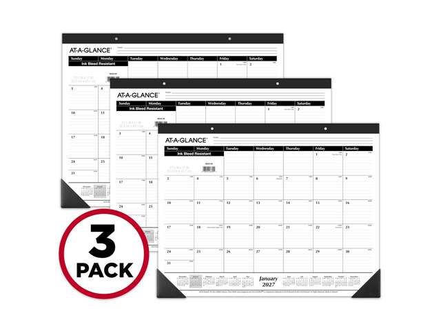 2027 Desk Pad Calendar, Monthly Desk Wall Planner, 21.75' x 17', Ruled Blocks, 3 Pack (AZSK240027), White