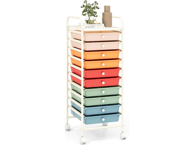Storage Cart, Rolling Utility Cart with 10 Drawers, Portable Handles & Lockable Wheels, Mobile Paper Toys Storage Organizer Large Capacity for Home...
