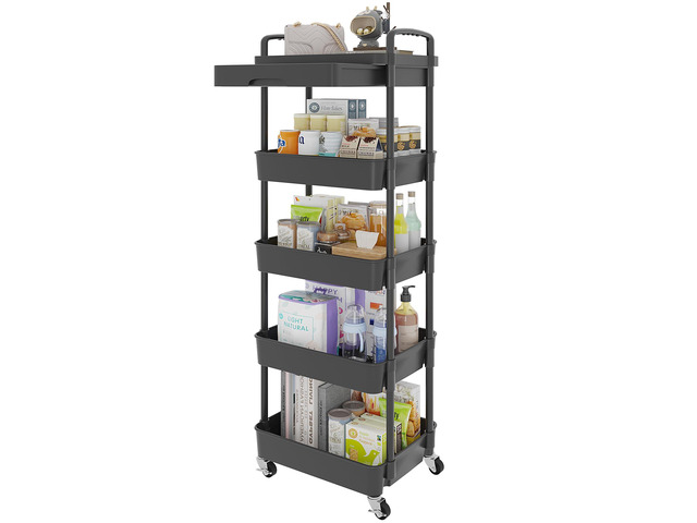 5-Tier Utility Cart with Drawer & Wheels, Storage for Home,Office Space-Saving Organizer, Sturdy Plastic Shelves, Smooth-Rolling Metal Wheels,...