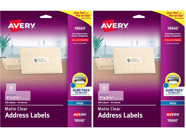 Printable Address Labels with Sure Feed, 1' x 2-5/8', Matte Clear, 300 Blank Mailing Labels (18660) (Pack of 2)