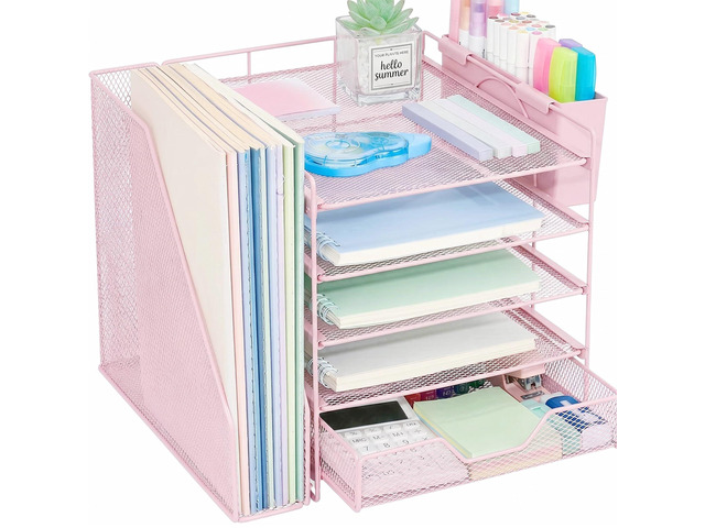 5-Tier Desk File Organizer with Drawer & Pen Holder (Pink) Desk Organizers and Accessories, Office Desk Accessories & Workspace Desktop Organizers...