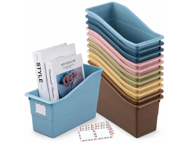 12 Pack Large Book Bins, Durable Magazine Organizer File Holder Plastic Book Storage Bins with Labels for Classroom Library Office, Desktop...